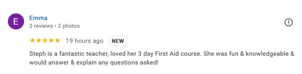5 star Google review for Prima Cura Training after First Aid at Work training in Wirral.
