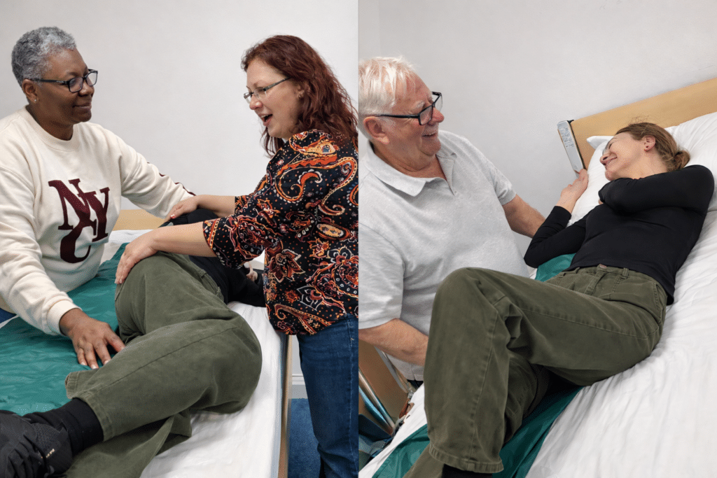 practising moving and Prima Cura Trainers positioning techniques on a bed during manual handling training in the UK