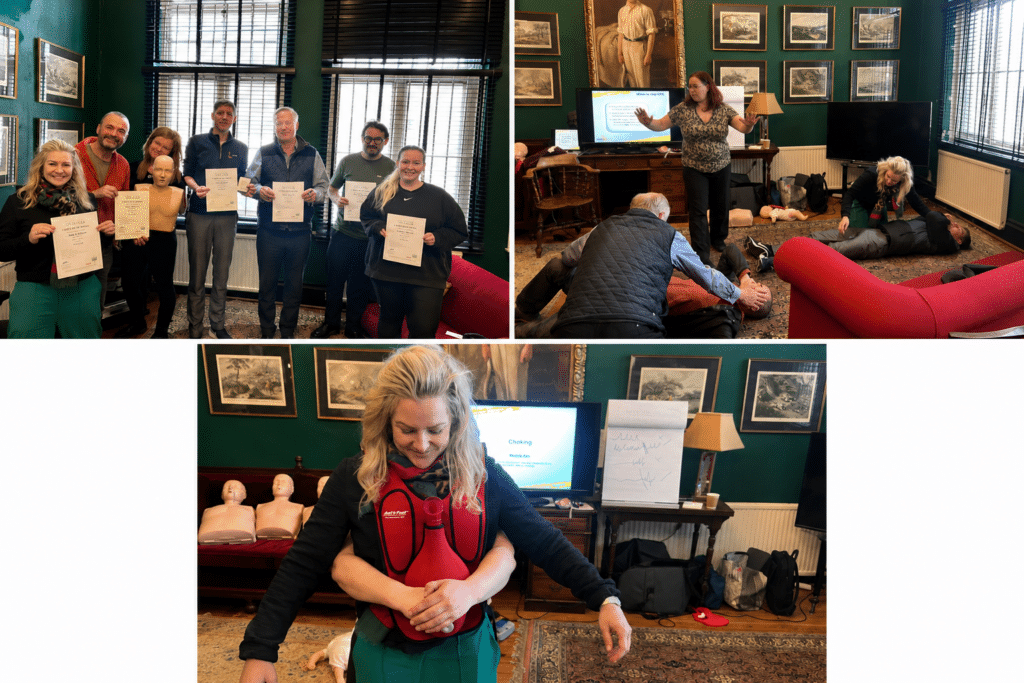 First aid training in Salford, showing participants receiving certificates and practising CPR, casualty care and emergency response skills in a classroom setting.