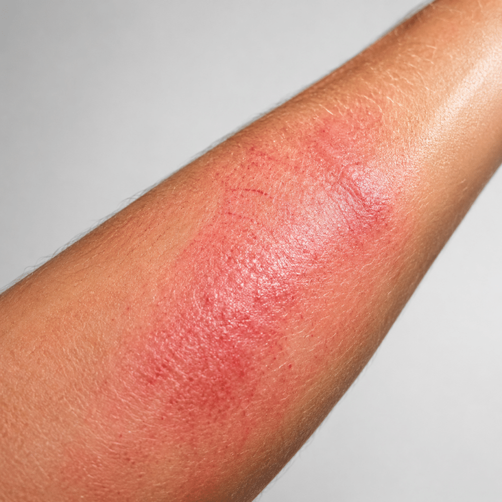 Close-up of first-degree road rash on a forearm showing superficial skin reddening and minor surface abrasion with no open wound, used in Prima Cura Training's guide to motorcycle injury and road rash treatment.