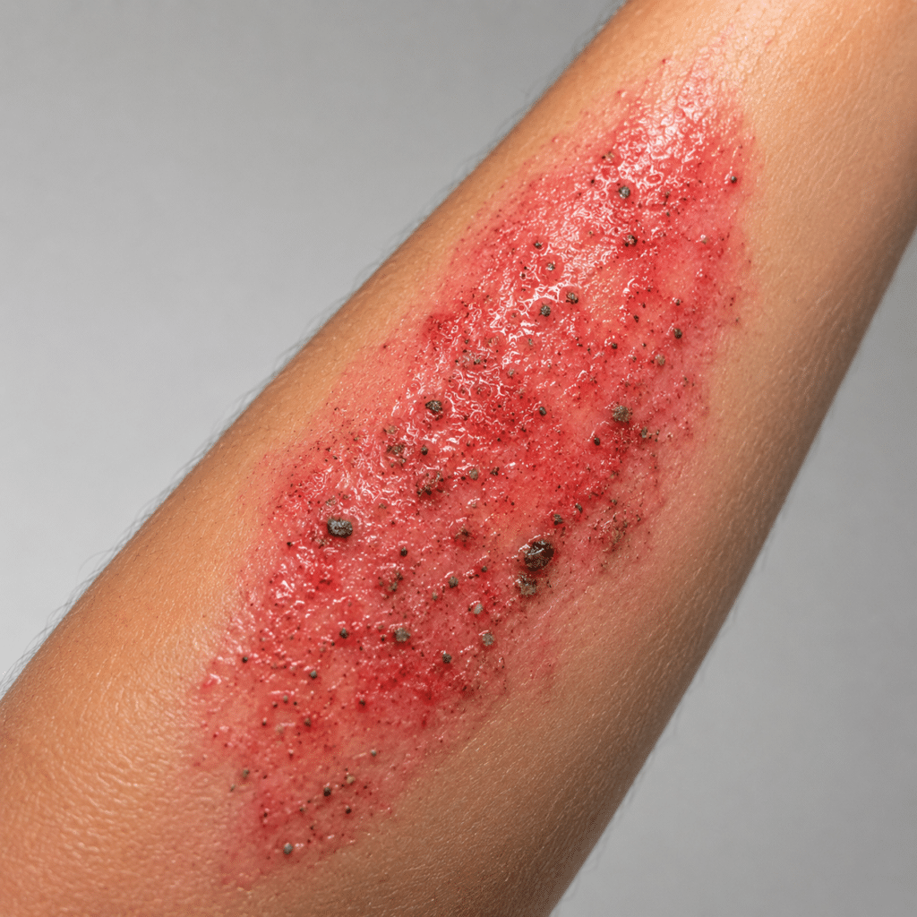 Close-up of second-degree road rash on a forearm showing broken skin, raw exposed dermis, and embedded road gravel across the wound surface, illustrating why second-degree friction burns require professional medical treatment.