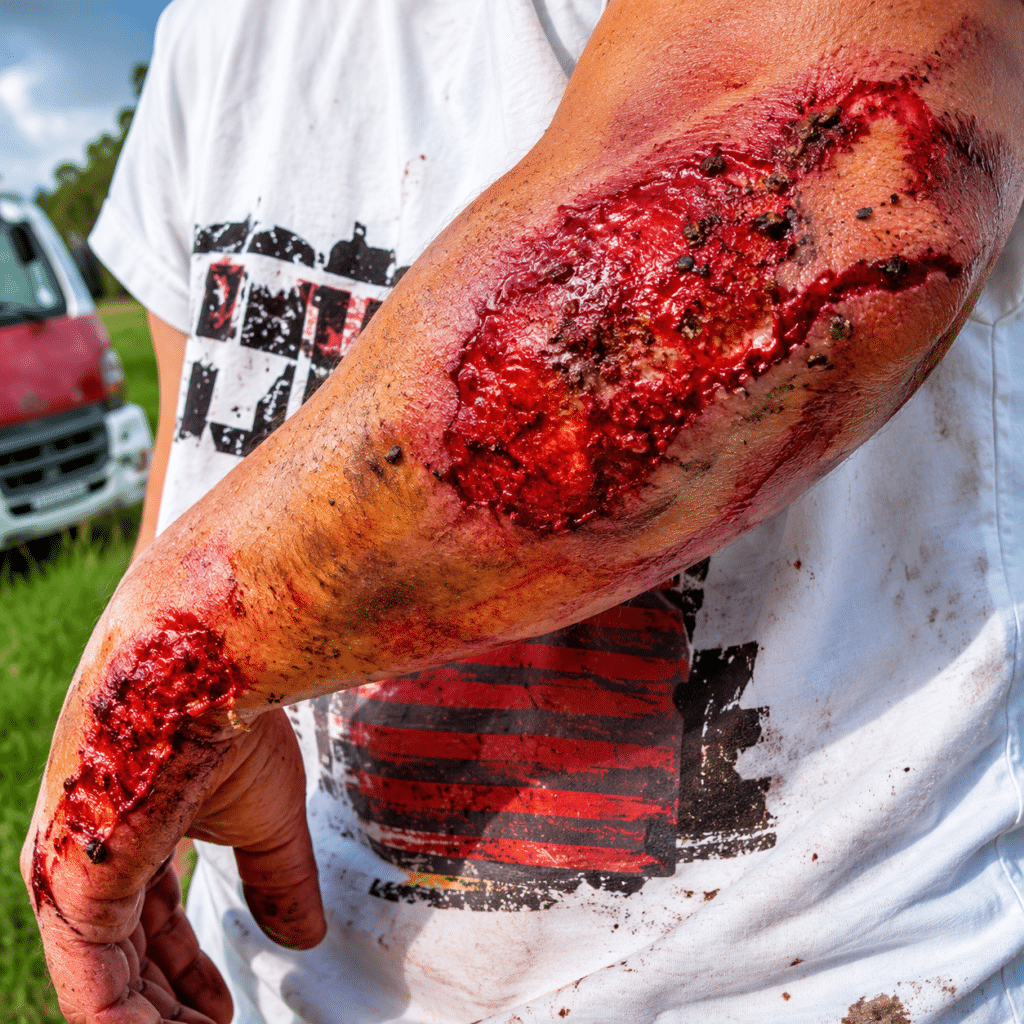 Close-up of third-degree road rash on an arm showing full skin loss, deep tissue exposure, and road debris embedded in the wound, demonstrating the severe injuries possible in motorcycle accidents without protective clothing.