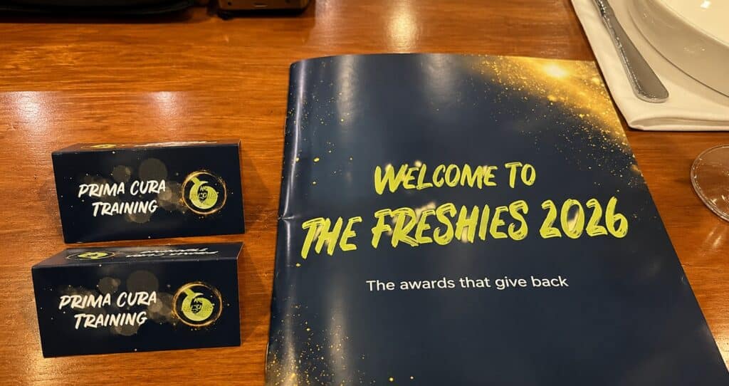 Prima Cura Training name cards at The Freshies 2026 awards ceremony