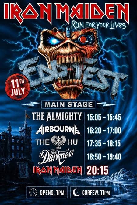 Official EddFest poster showing Iron Maiden headlining Knebworth on 11 July, with The Almighty, Airbourne, The Hu and The Darkness supporting, gates open 1pm and an 11pm curfew.