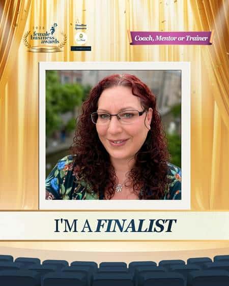 Stephanie Austin's 2026 Female Business Awards finalist graphic for the Coach, Mentor or Trainer category, with the text 'I'm a Finalist' against a gold theatre curtain background.