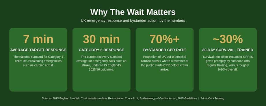 Infographic showing four UK emergency response statistics: a seven-minute average target response for life-threatening Category 1 ambulance calls, a 30-minute average for Category 2 calls such as stroke, a bystander CPR rate of over 70% in UK cardiac arrests, and a 30-day survival rate of around 30% when CPR is given promptly by someone with regular training.