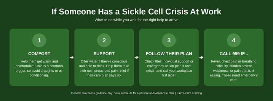 Infographic showing four steps for supporting a colleague having a sickle cell crisis at work: keep them warm and comfortable, offer water and help with prescribed pain relief if appropriate, follow their individual support plan and call a first aider, then call 999 if they develop fever, chest pain, breathing difficulty, sudden weakness, or pain that isn't easing.