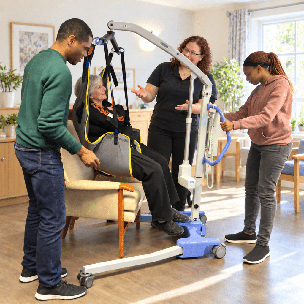 Stephanie Austin of Prima Cura Training showing care home staff how to carry out pre-use checks on a hoist and sling during on-site moving and positioning training