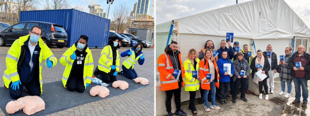 Frontline COVID-19 test site staff in PPE practising first aid skills outdoors during training delivered by Prima Cura Training in Greater Manchester