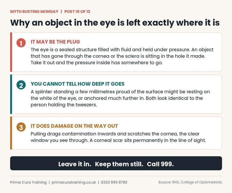 Why an object in the eye is left alone: the plug, the unknown depth, and the damage done on the way out.