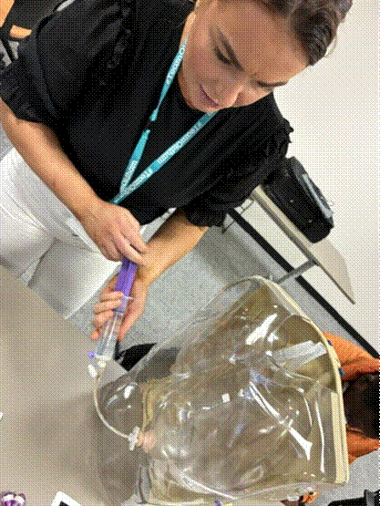A care worker practising a PEG flush with an enteral syringe on a clear training torso during a Prima Cura Training PEG course in England.