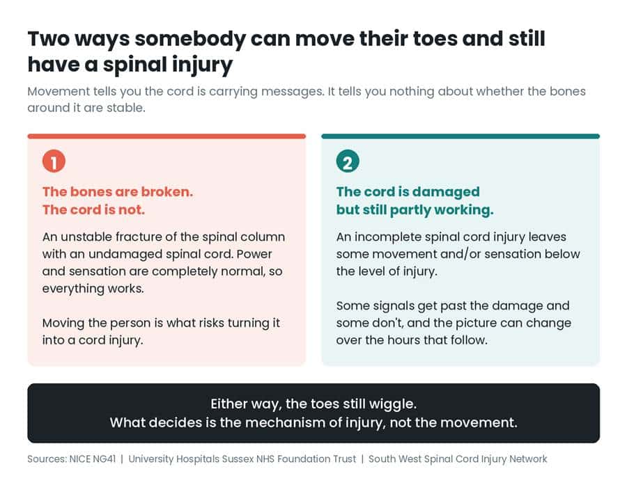 Infographic showing two reasons someone may move their toes despite a spinal injury: an unstable spinal fracture with an undamaged spinal cord, or an incomplete cord injury where some movement and sensation remain.