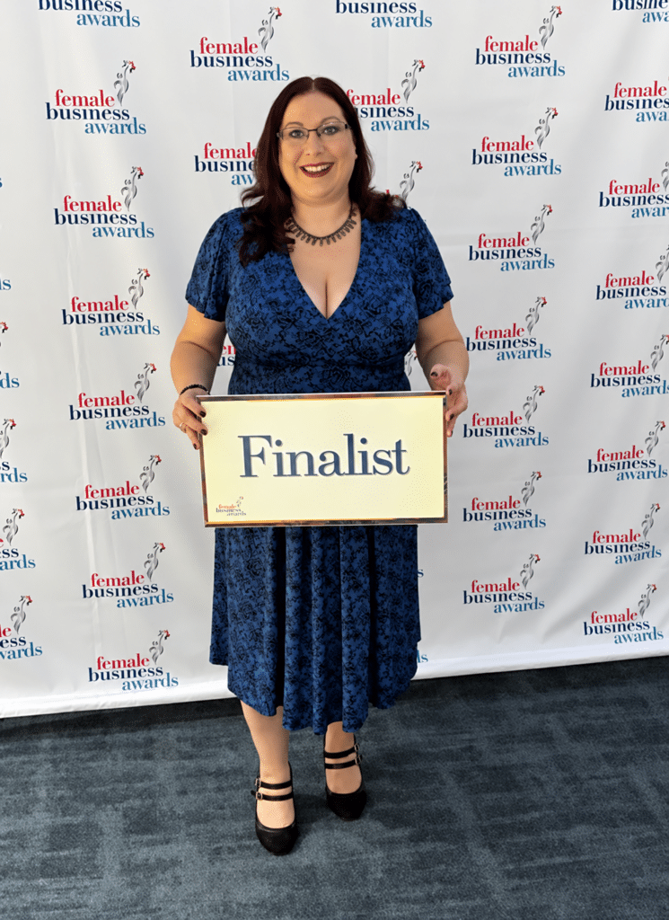 Stephanie Austin of Prima Cura Training on stage at the Female Business Awards 2026 in Manchester, where Prima Cura placed 2nd in the Coach, Mentor or Trainer and Services to the Community categories.